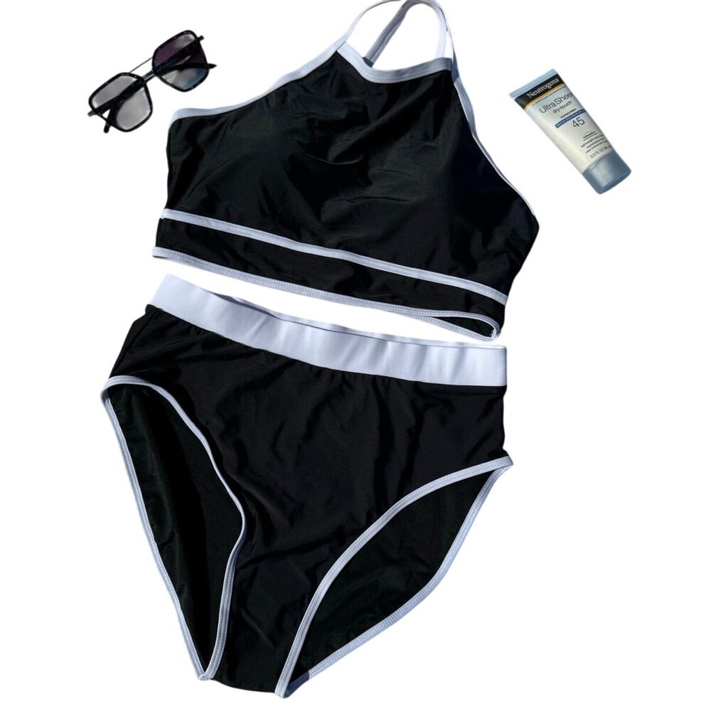 Blooming Jelly Bikini Set L NWT High Neck Black White 2pc Swimwear Stretch